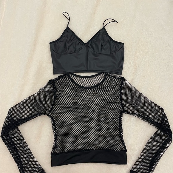 2-Piece Set: Long-Sleeve Mesh Crop Top +  Leather Camis Top - Picture 2 of 4